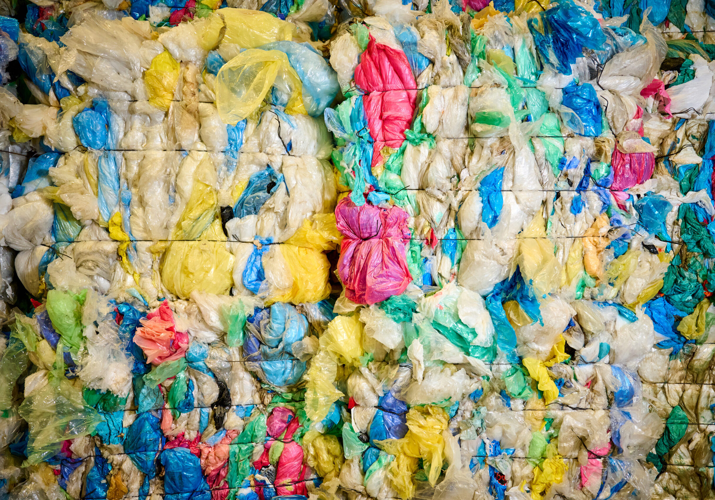 Twee gekleurde balen folie gereed voor kunststof recycling bij Schenk Recycling.